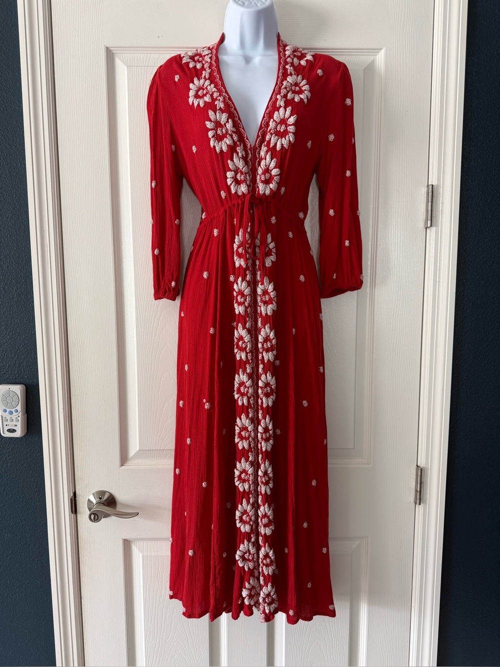 Free People Embroidered Fable Midi Dress Rock N' Roll Red Small EUC